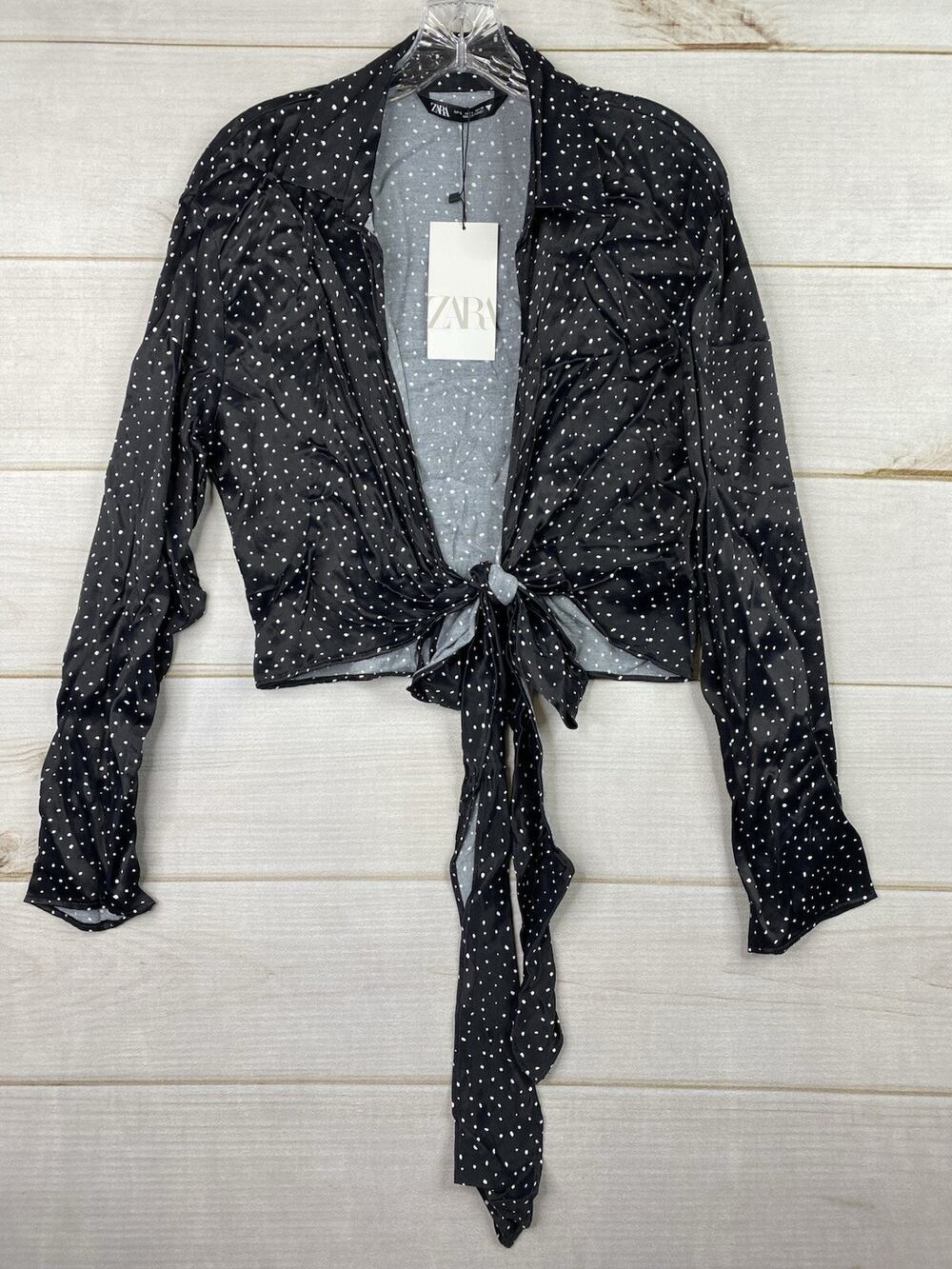 Zara Womens Top Size L Black Animal Print Satin Tie Open Front Long Sleeve NWT